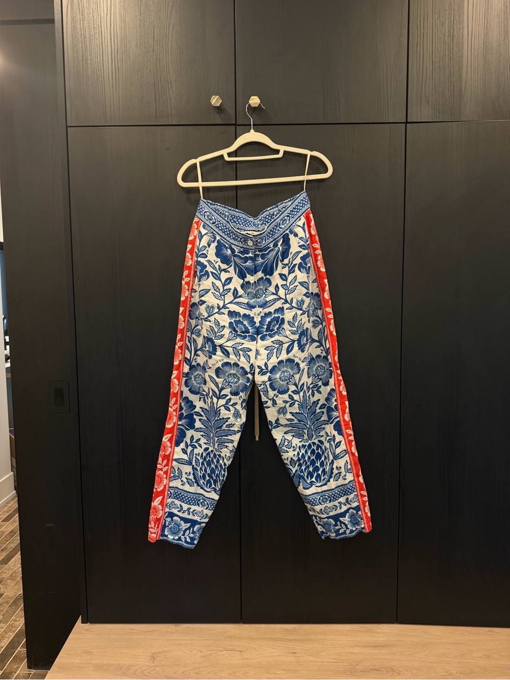FARM Rio Blue & White Floral Trousers with Red Side Stripes